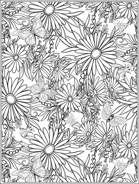 꽃 나비와 꿀벌 현실적인 식물 스타일의 완벽 한 패턴입니다. 인쇄 — 스톡 벡터