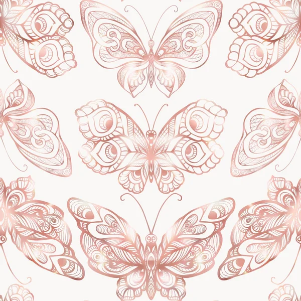 Butterflies with decor pattern. Seamless pattern, background. Graphic in rose gold colors. — Stock Vector