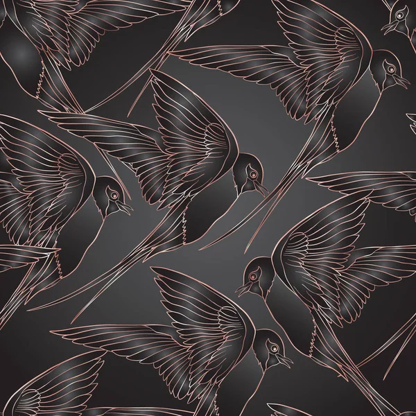 Swallow, birds. Colorful seamless pattern, background in rose gold colors on black background.