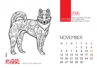 Bir köpek, 2018 için Çince Burç sembolü görüntü ile 2018 masaüstü takvim sayfası.