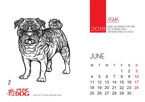 Настільний календар сторінку в 2018 році разом із зображенням собаки, символом китайський гороскоп для 2018. — стоковий вектор
