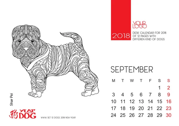 Stránka stolní kalendář pro rok 2018 s obrázkem psa, symbolem čínský horoskop pro rok 2018. — Stockový vektor