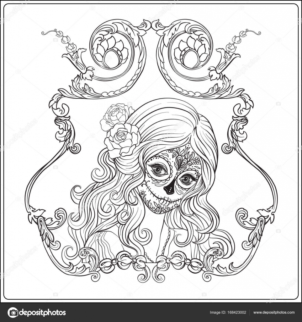 Ritratto di una giovane bella ragazza in Halloween o il giorno dei morti si pongono in cornice decorativa Delineare il disegno da colorare per il libro