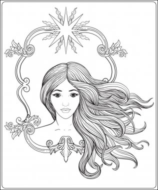 Uzun saçlı genç güzel kız. Stok satırı vektör illustrat