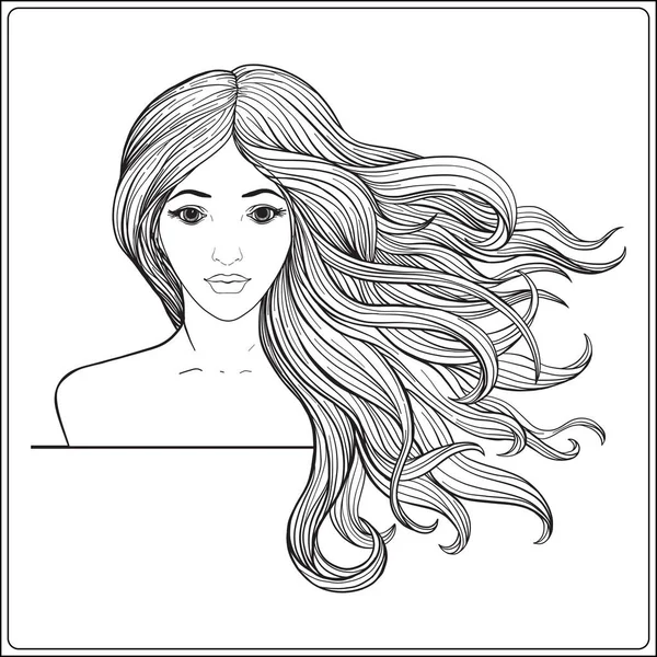 Jeune belle fille aux cheveux longs. Illustrat vectoriel ligne de stock — Image vectorielle