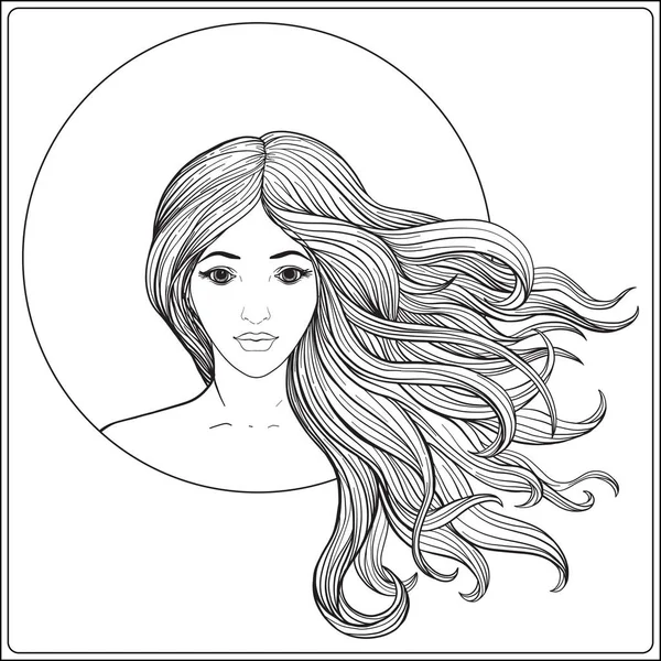 Jeune belle fille aux cheveux longs. Illustrat vectoriel ligne de stock — Image vectorielle