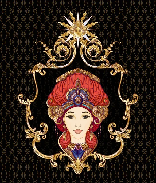 Genç güzel kız oryantal tarzı zengin bir şekilde dekore edilmiş kostüm