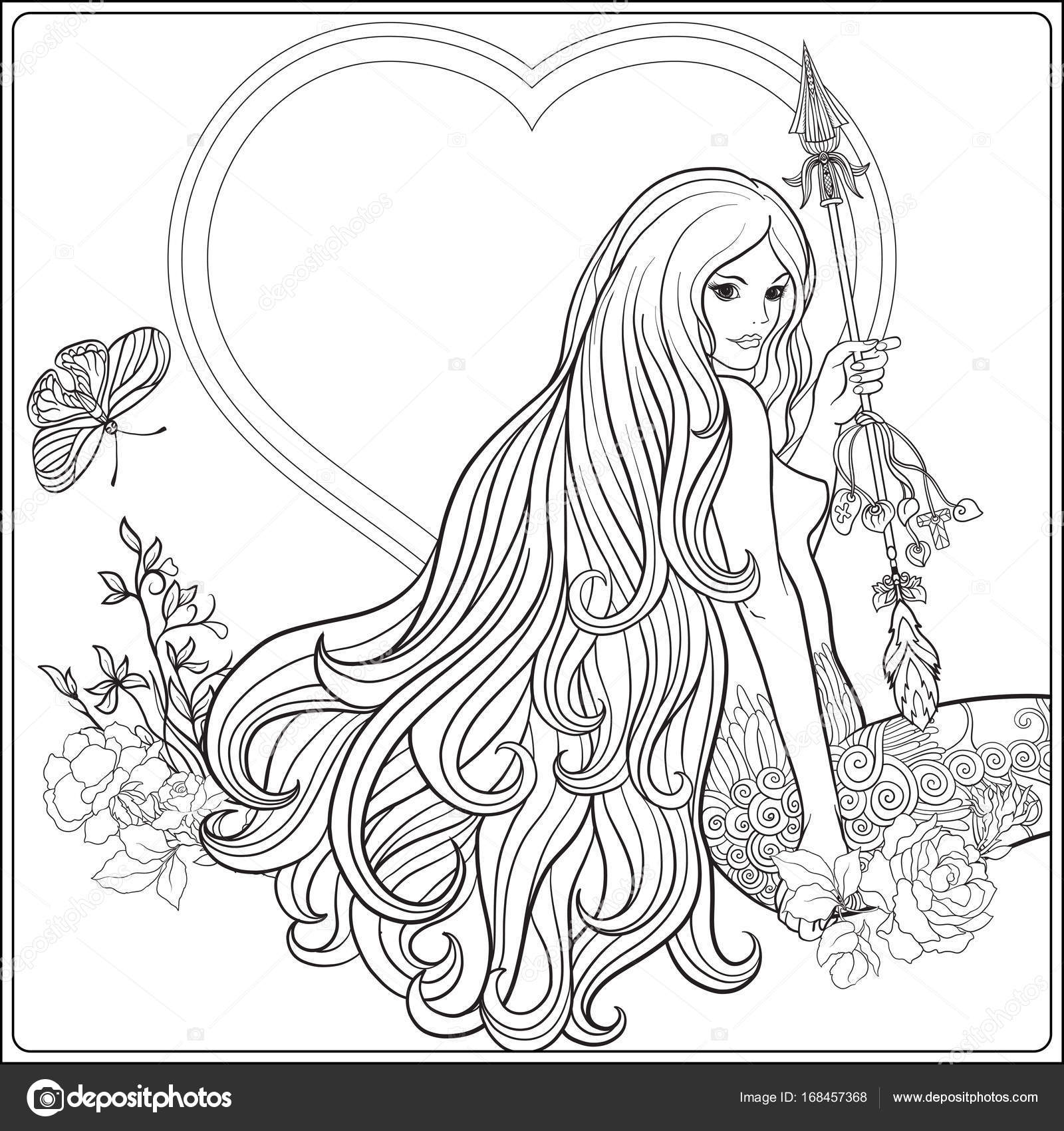 Giovane bella ragazza con capelli lunghi con freccia e Rose Illustrazione di vettore di linea Delineare il disegno da colorare per adulti da colorare a