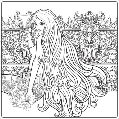 Bir bardak şarap deco ile uzun saçlı genç güzel kız