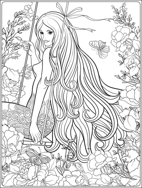 Młoda, piękna dziewczyna z długimi włosami na huśtawce w ogrodzie różanym. Sto — Wektor stockowy