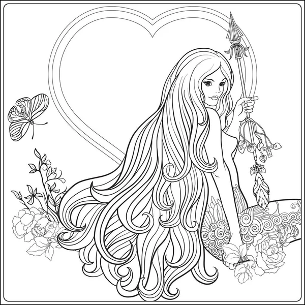 Jeune belle fille aux cheveux longs avec flèche et roses. Stocks — Image vectorielle