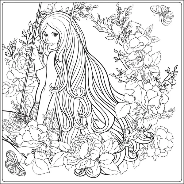 Όμορφη κοπέλα με μακριά μαλλιά σε swing στη φυτεία με τριανταφυλλιές. Στο — Διανυσματικό Αρχείο