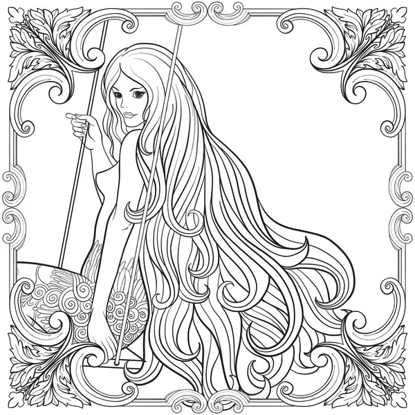 Young beautiful girl with long hair on swing in rose garden. Sto — Stock Vector