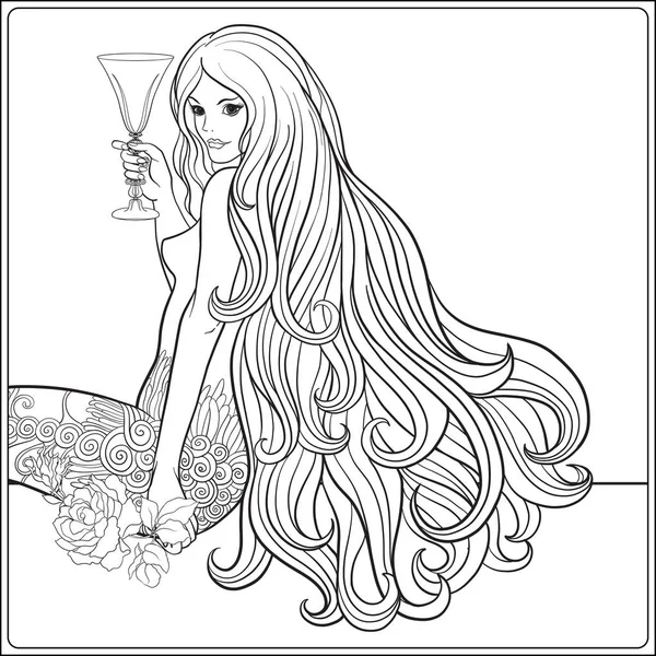 Όμορφη κοπέλα με μακριά μαλλιά με ένα ποτήρι κρασί στο deco — Διανυσματικό Αρχείο