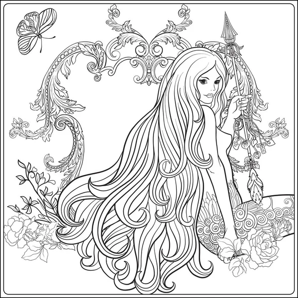 Young beautiful girl with long hair with arrow and roses. Stock — Stock Vector