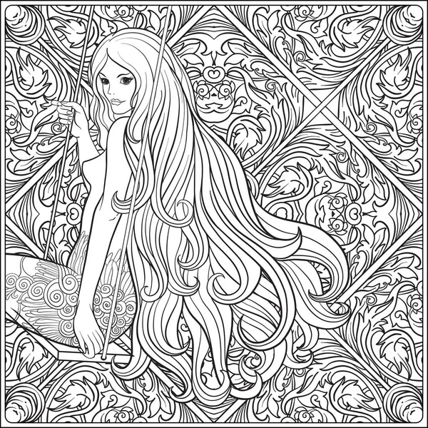 Młoda, piękna dziewczyna z długimi włosami na huśtawce w ogrodzie różanym. Sto — Wektor stockowy