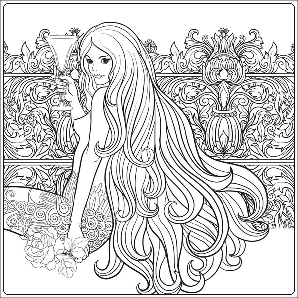 Young beautiful girl with long hair with a glass of wine in deco — Stock Vector