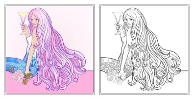 Kadeh şarap ile uzun saçlı genç güzel kız. Hisse senedi li