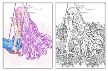 Salıncak üzerinde uzun saçlı genç güzel kız. Stok satırı vektör