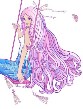 Zengin bir şekilde dekore edilmiş f salıncakta üzerinde uzun saçlı genç güzel kız