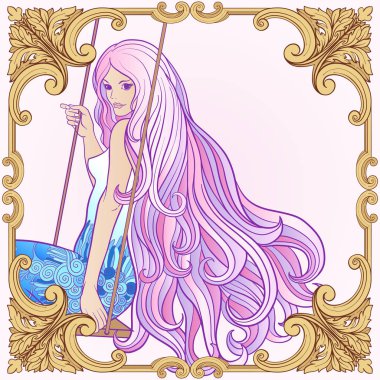 Zengin bir şekilde dekore edilmiş f salıncakta üzerinde uzun saçlı genç güzel kız