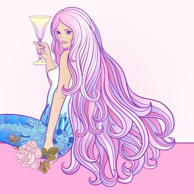 Kadeh şarap zengin d ile uzun saçlı genç güzel kız