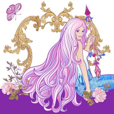 Ok ve gül ile uzun saçlı genç güzel kız.