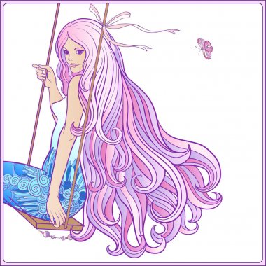 Zengin bir şekilde dekore edilmiş f salıncakta üzerinde uzun saçlı genç güzel kız