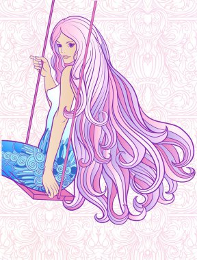 Zengin bir şekilde dekore edilmiş f salıncakta üzerinde uzun saçlı genç güzel kız