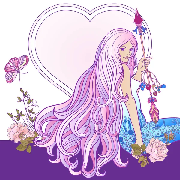 Mooi meisje met lang haar met pijl en rozen. — Stockvector