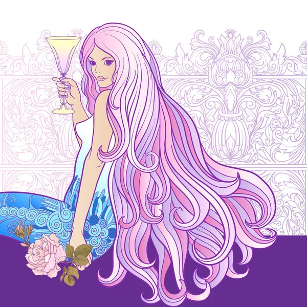 Kadeh şarap zengin d ile uzun saçlı genç güzel kız