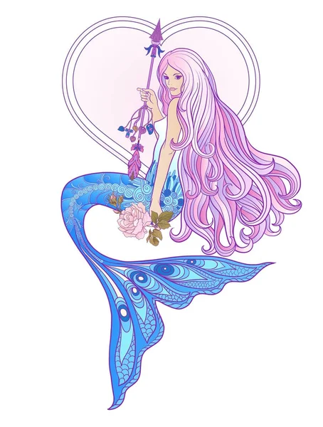 Hand gezeichnete Meerjungfrau mit langen rosafarbenen Haaren. Aktienvektorabbildung — Stockvektor