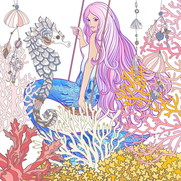 Hand trok zeemeermin met lange roze haren in de onderwater wereld. — Stockvector