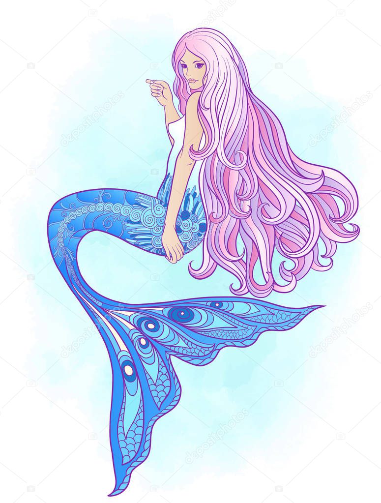 Hand drew mermaid with long pink hair. Stock vector illustration