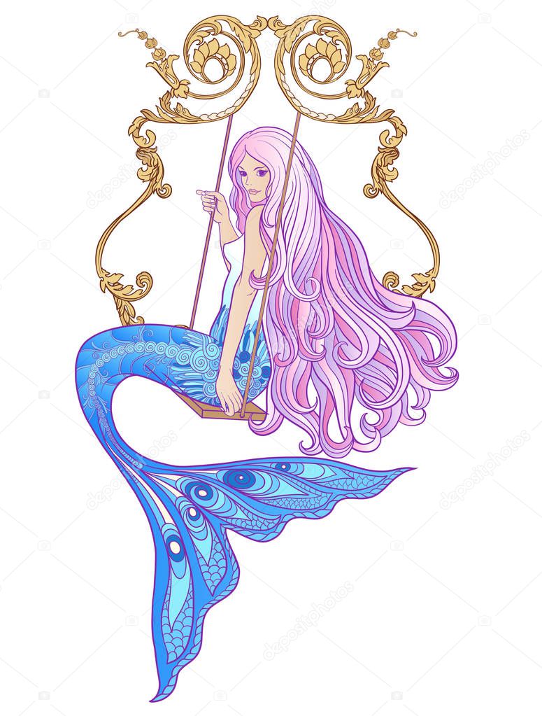 Hand drew mermaid with long pink hair. Stock vector illustration