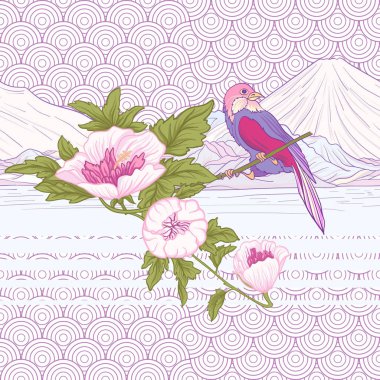 Çiçek ve kuş ve Fuji Dağı. Dikişsiz desen, arka plan. C