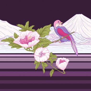 Çiçek ve kuş ve Fuji Dağı. Dikişsiz desen, arka plan. C