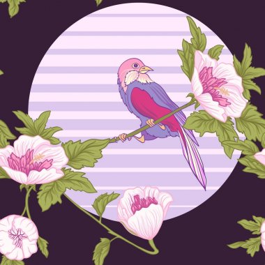 Çiçek ve kuş ve güneş. Dikişsiz desen, arka plan. Renkli