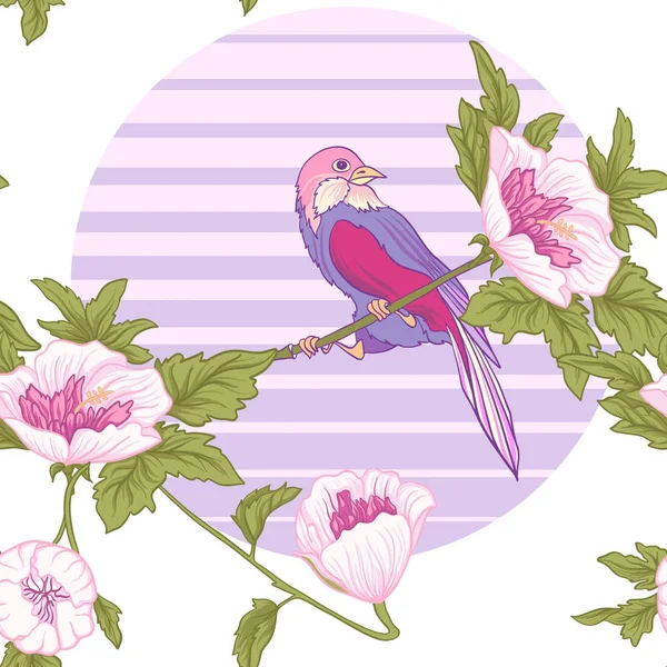 Flores y aves y sol. Patrón sin costuras, fondo. Colorido — Archivo Imágenes Vectoriales