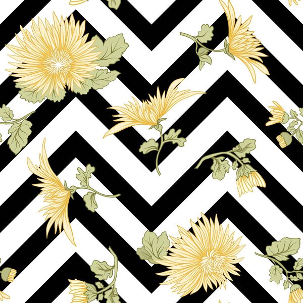Хризантема. Бесшовный рисунок жёлтой японской хризантемы

