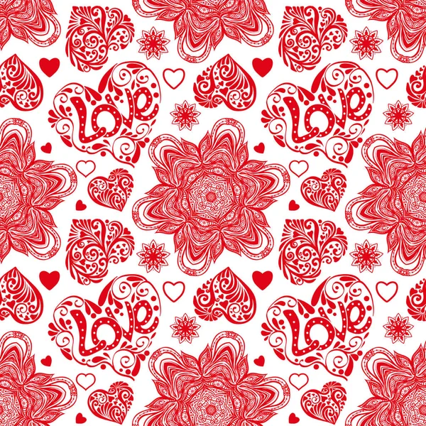 Kärlek hjärta och mandalas sömlösa mönster i vitt och röda färger — Stock vektor