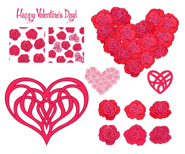 Conjunto de corazón de amor, rosas, ramo de rosas y patrones sin costuras — Vector de stock
