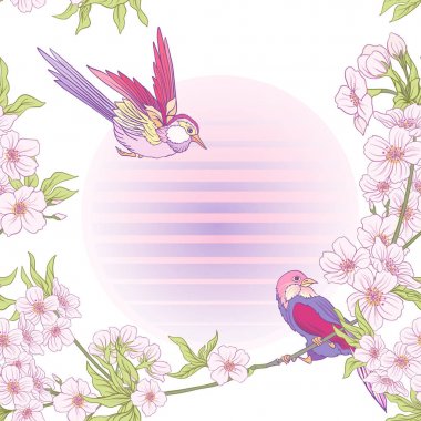 Japon çiçeği sakura ve vinç, kuş ile Seamless modeli. V