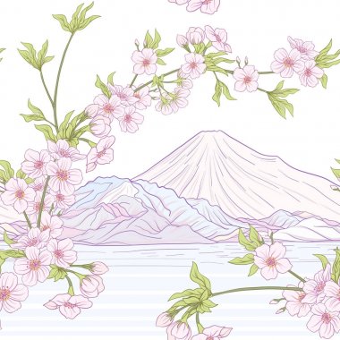 Japon çiçeği sakura ve Fuji Dağı ile Seamless modeli. Ve