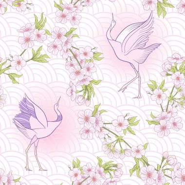 Japon çiçeği sakura ve vinç, kuş ile Seamless modeli. V