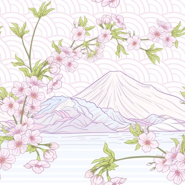 Japon çiçeği sakura ve Fuji Dağı ile Seamless modeli. Ve