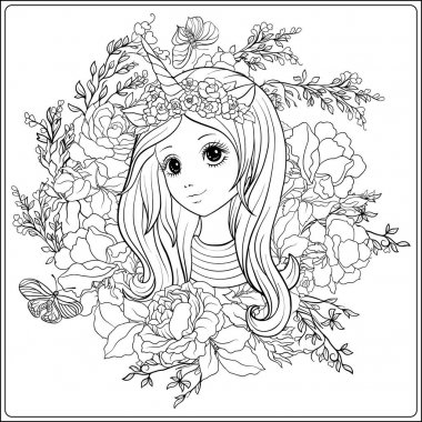 Ro bahçede tek boynuzlu at boynuzlu bir kap içindeki genç güzel kız