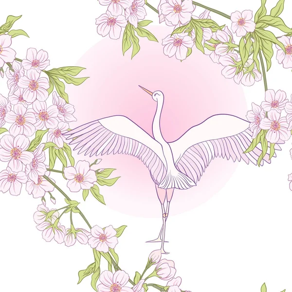 Nahtloses Muster mit japanischer Blütensakura und Kranich, Vogel. v — Stockvektor