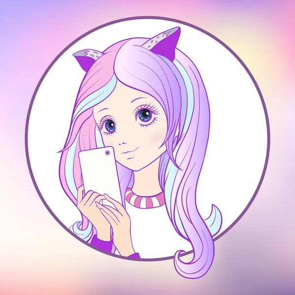 Genç güzel kız pembe renkli uzun multi ile duymak ve kedi kulakları m