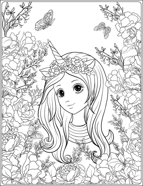 戴着帽子漂亮的年轻女孩，与独角兽的角，花园里的 ro — 图库矢量图片